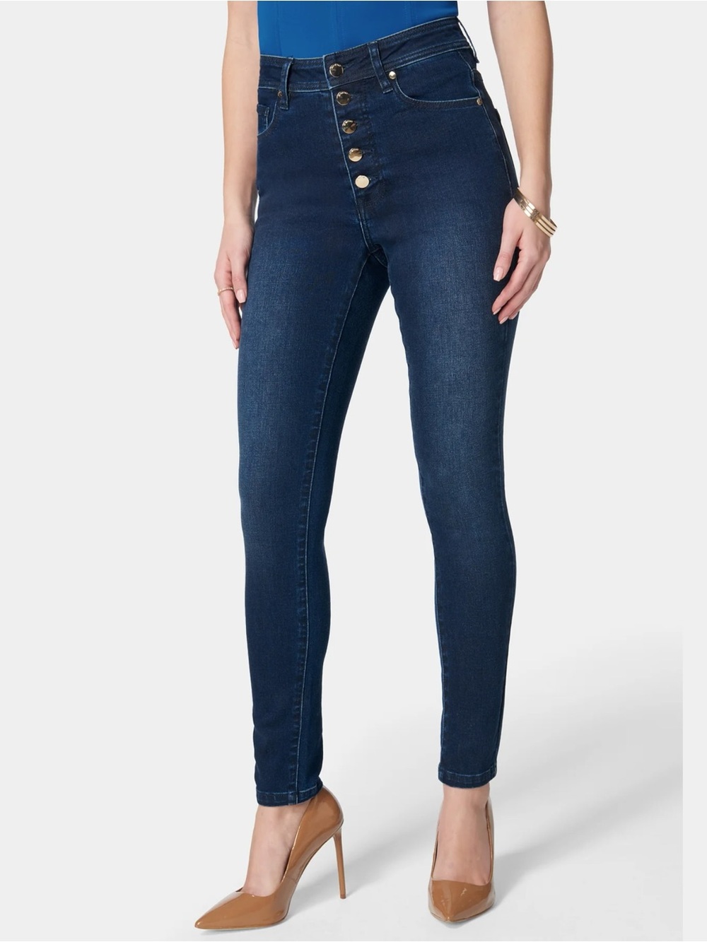 bebe Dark Blue High-Rise Skinny Jeans with Button-Fly